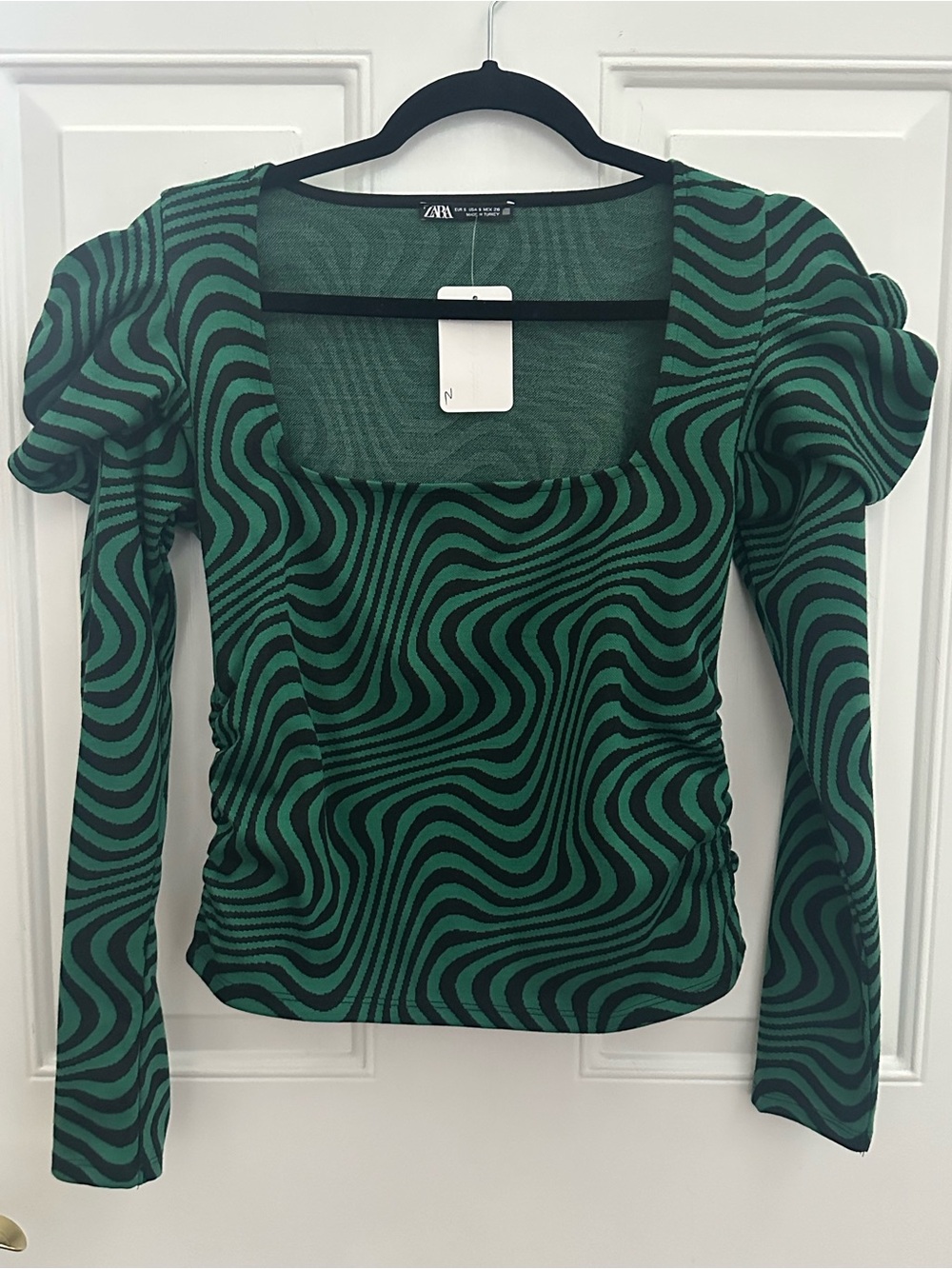 Zara Green and Black Wave-Print Puff-Sleeve Top size S - Picture 3 of 11